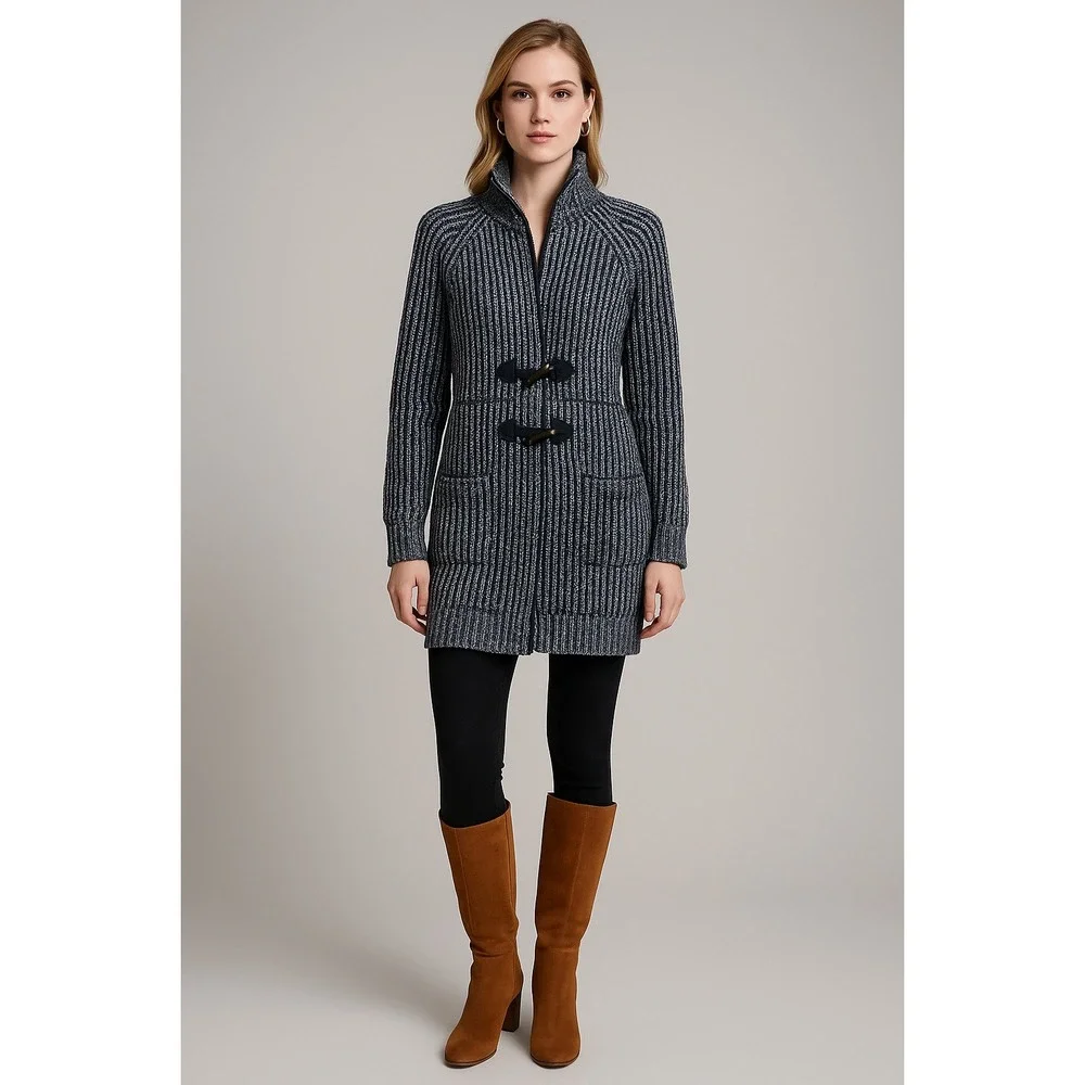 Gap knitted navy blue & white duffel faux wood buttons long cardigan women Large